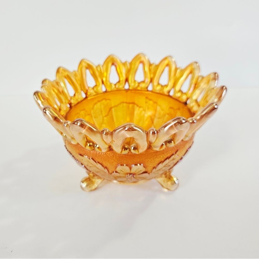 Antique Northwood "Golden Iris" Wild Rose Pattern Carnival Glass Footed Bowl